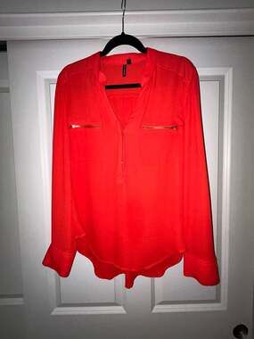Love Republic Red V-Neck Long Sleeve Zip Pocket Blouse